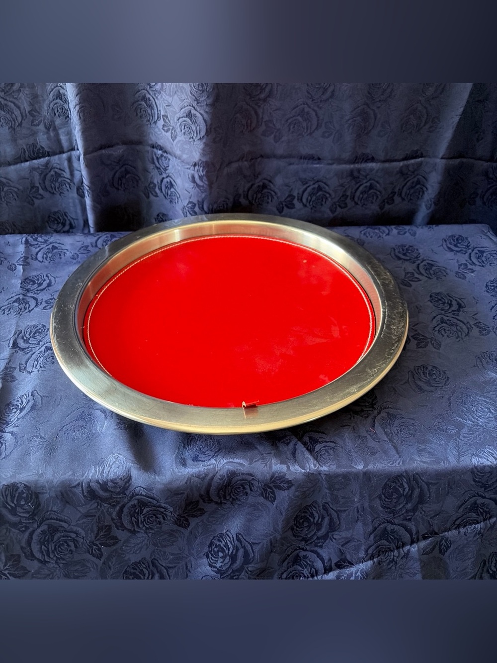 Wazir Chant & Co Stainless Steel 14” Serving Tray W/Red Leather Insert-India